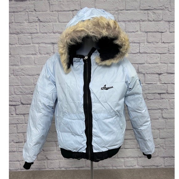 Vintage Azzure Blue Puffer Jacket Hooded Zip Up Bomber Style Reversible Size M - Picture 5 of 14